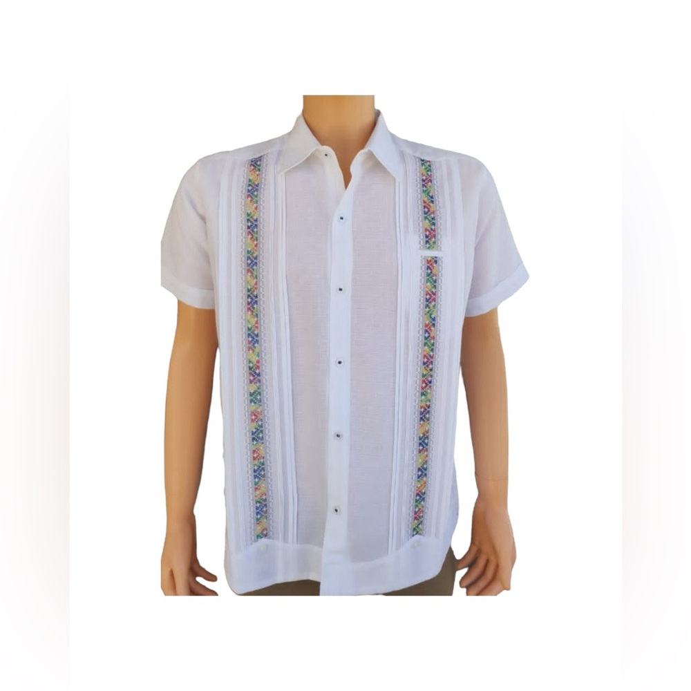 Men’s Linen White Guayabera with Multicolor Embroidery Short Sleeve